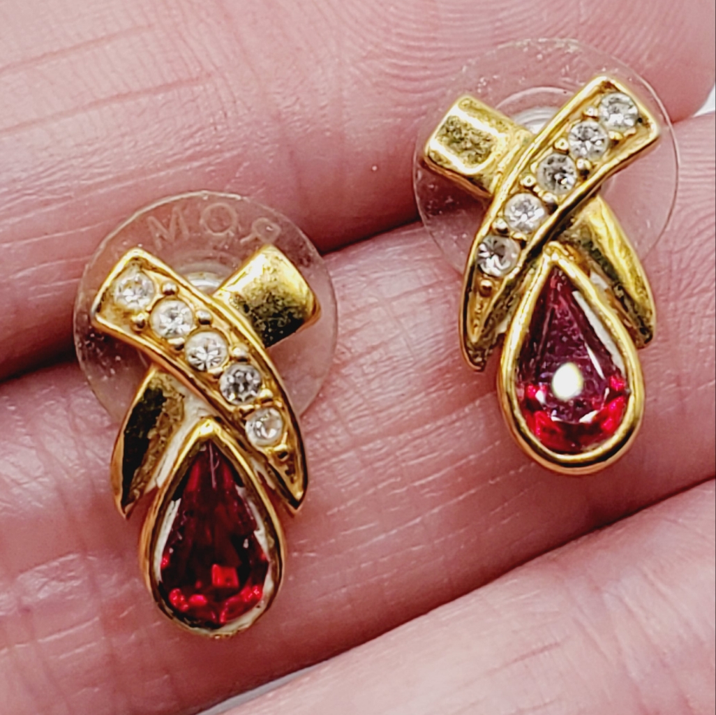 Vintage Roman Ruby Stone Gold Crystal Ear Stones Earrings 80s Elegant Studs 25$